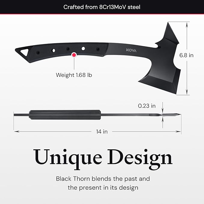 KOVA Black Thorn Hatchet - Stainless Steel 14 Overall Length 6.8 Blade G10 Handle - Lightweight &amp Durable Axe Ideal for Camping Survival and Outdoor Adventure