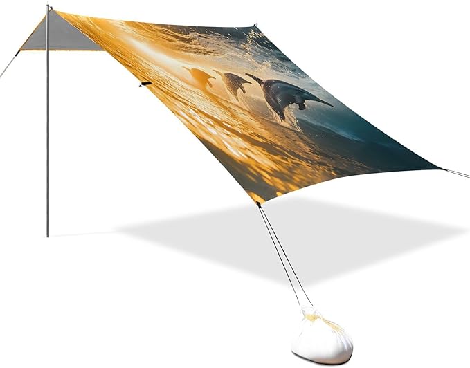 Dolphins Jumping Beach Tent Sun Shelter Set UPF50+ UV Protection 10.5 x 9.19 FT Camping Shade Canopy with Sandbags Sand Anchors Carrying Bag and Others