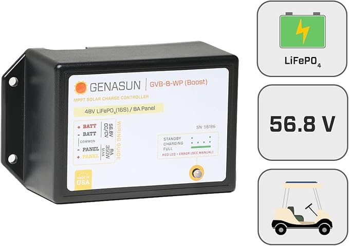 Genasun GVB-8-Li-56.8V-WP 8 A (Input) 350 W Solar Panel Waterproof Voltage Boosting MPPT Solar Charge Controller for 48 V Nominal 16S LiFePO4 Batteries (Golf Carts Electric Boats etc.)