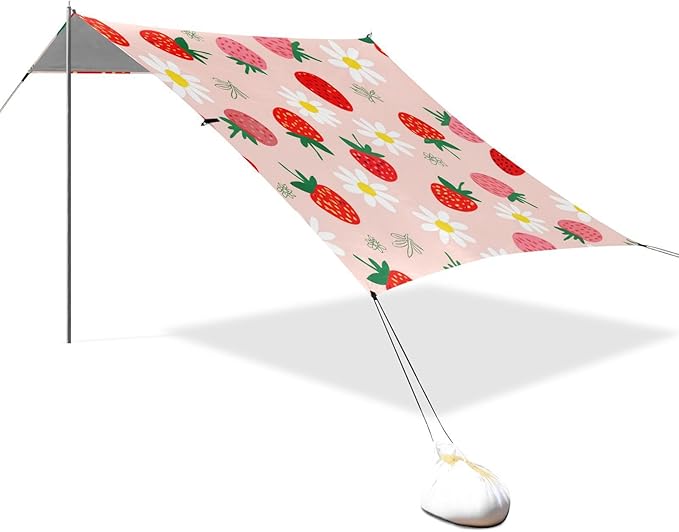 xigua Strawberry Beach Tent Sun Shelter with Carrying Bag - Silver Coated Oxford Fabric Beach Canopy for Beach Camping Fishing - Includes Windproof Ropes Sandbags &amp Stakes
