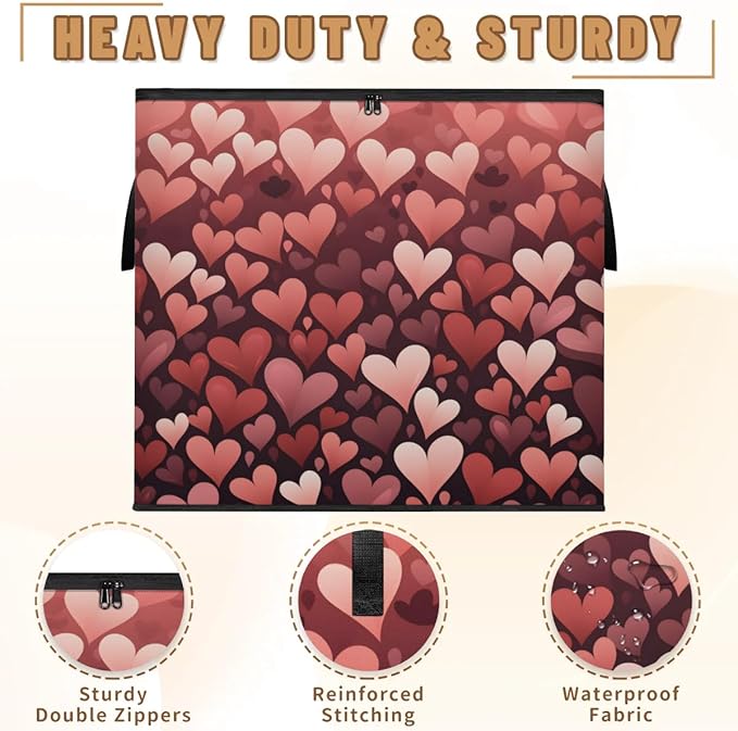 XL Large Clothes Storage with Lid Handle Valentine's Day Heart Large Thick Clothes Blanket Storage Containers for Organizing