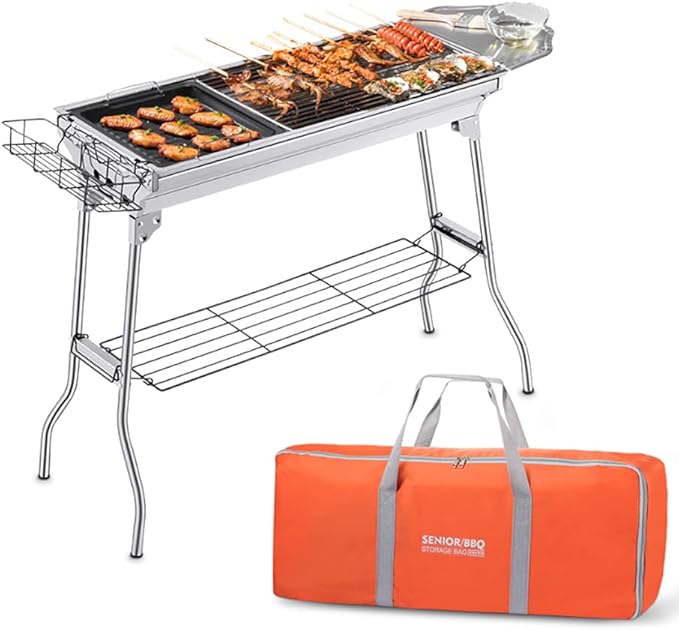Portable Charcoal GrillOutdoor BBQ Grill for Christmas Picnic Thanksgiving Family Gathering and Backyard BarbecueWith Storage Bag &amp Non-Stick Frying Pan