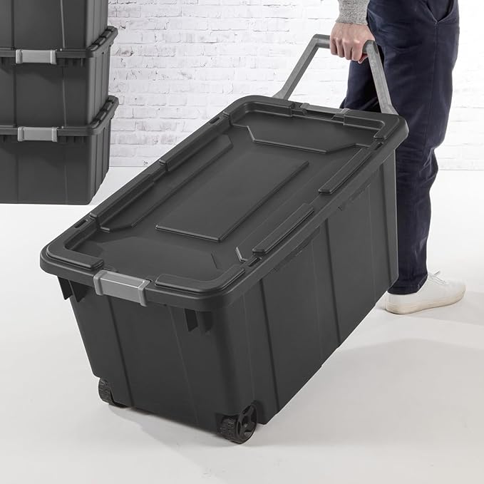 Storage Bin 40 Gallon Plastic Rolling Stacker Box Wheeled Storage Box160 Quart Lidded Stackable Storage Bin Container for Home and Garage with Flag Gray Lid and Base 2-pack