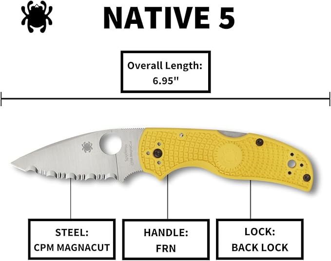 Spyderco Native 5 Salt Knife with 2.95 Corrosion-Resistant LC200N Steel Blade and Lightweight Yellow FRN Handle - SpyderEdge - C41SYL5