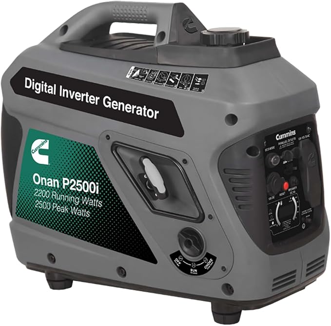 Cummins Onan P2500i Inverter Generator 2500 Peak/2200 Running Watts Ultra-Quiet 52 dBA Portable Gas Powered Parallel Ready 10hr Runtime Lightweight 48 lbs RV &amp Camping CARB/EPA Compliant