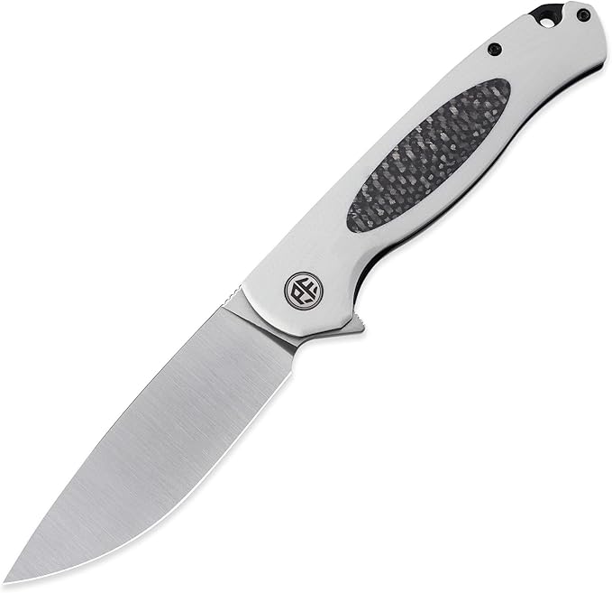 Petrified fish PFB03 Stamp Pocket Knife 3.58 D2 Satin Blade 4.79 oz G10 Handle Flipper Liner lock Folding Knife (White &amp Satin)