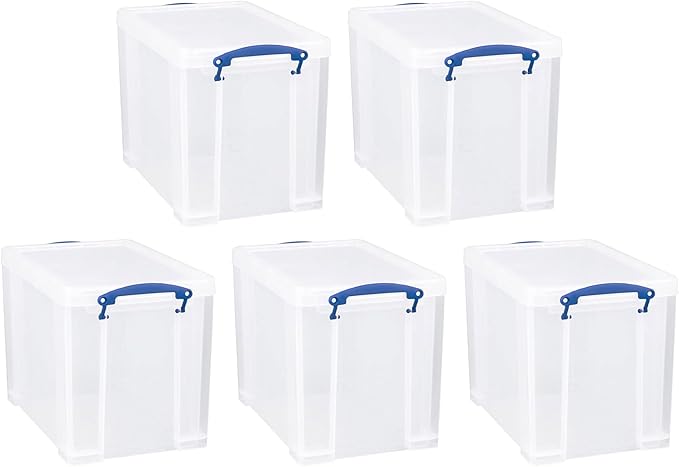 Really Useful Box 19 Liter Plastic Stackable Storage Container w/Snap Lid &amp Built-in Clip Lock Handles for Home &amp Office Organization Clear (5 Pack)