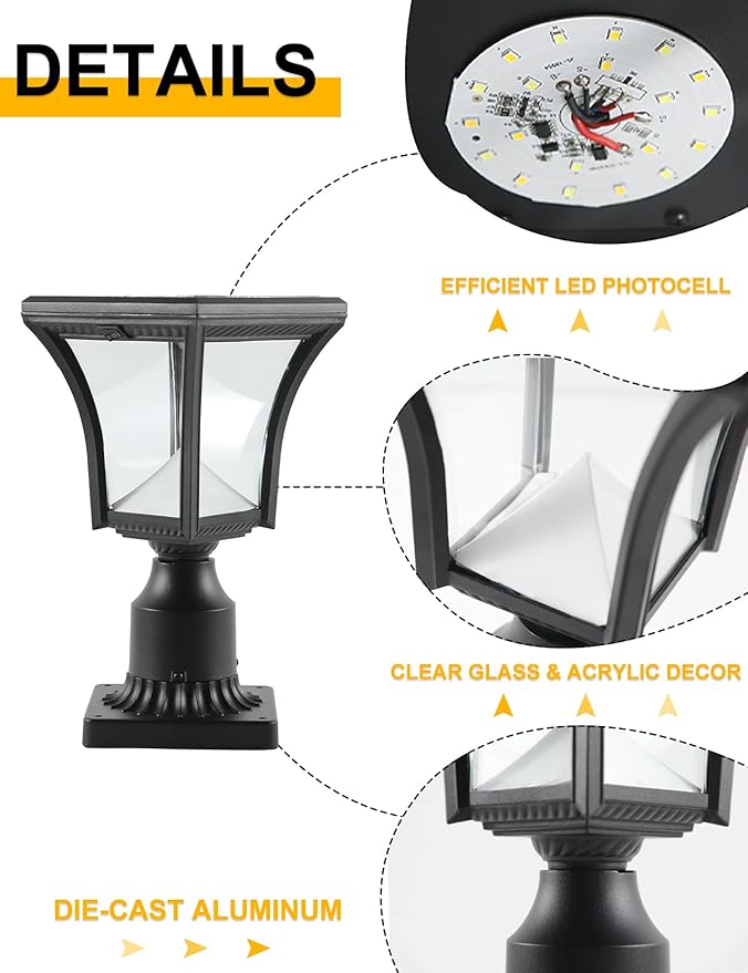 Solar Post Light with Pier Mount Solar Lamp Post Light with Clear Glass Solar Pillar Light Outdoor Warm White &amp Cool White (Switch)