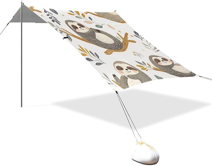 ALAZA Cute Sloths Hand Drawn Animal Beach Tent Sun Shelter Portable Canopy Sunshade for Outdoor Camping Picnics Backyard Fun 10x9 ft