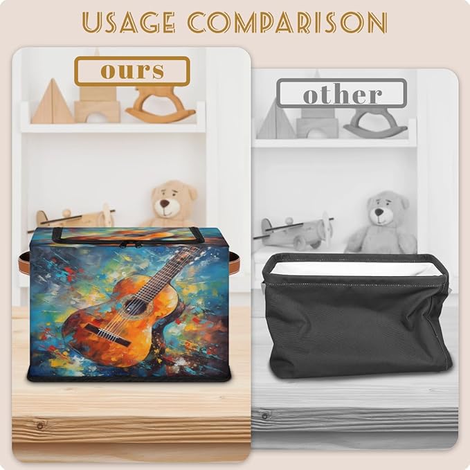 Watercolor Guitar Storage Box with Lid Music Collapsible Storage Bins Baskets Cubes Closet Shelf Clothes Organizer Containers with PU Leather Handles