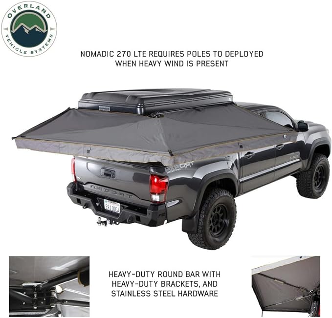 Overland Vehicle Systems 19689909 HD Nomadic 270 LTE Awning Passenger Side | 65 Sq Ft of Coverage | Dark Gray Fabric with Travel Cover Included | Twist and Lock Technology | Weather-Resistant