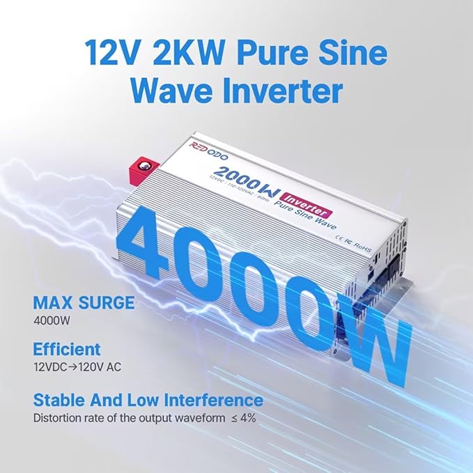 Redodo 2000W Pure Sine Wave Inverter Power Inverter 12V DC to 120V AC Converter for Vehicles RV Home Outdoor with 4 AC Outlets Type-C/USB Interface Remote Controller Surge 4000W