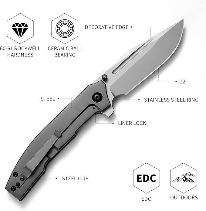 8.7in Full-Size Folding Knife - 3.7 D2 Steel Blade All-Steel Handle Heavy Duty EDC Tactical Pocket Knife with Clip for Camping Survival | Frame Lock