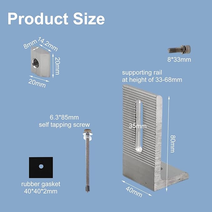 8PCS L-Foot Solar Mounts with Screws and Accessories Heavy-Duty Aluminum Alloy Photovoltaic Panel Mounting Bracket Photovoltaic Mount Waterproof Solar Panel Bracket for Roof PV System