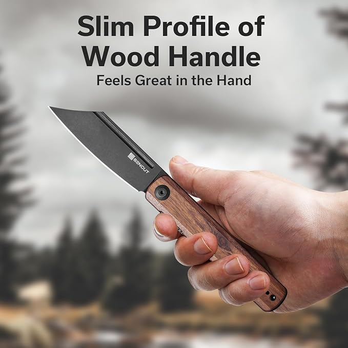 SENCUT Bronte Folding Pocket Knife with Front Flipper Opener 3.38 Inch Blade Cuibourtia Wood Handle with Black Stonewashed 9Cr18MoV Blade SA08E
