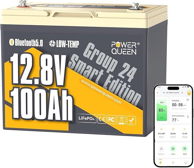 Power Queen 12V 100Ah Batería de Litio Bluetooth Group24 LiFePO4 Protección contra bajas temperaturas100A BMS1280Wh de EnergíaHasta 15000 Ciclos para RV Motor para curricán BarcoSolarOff-grid