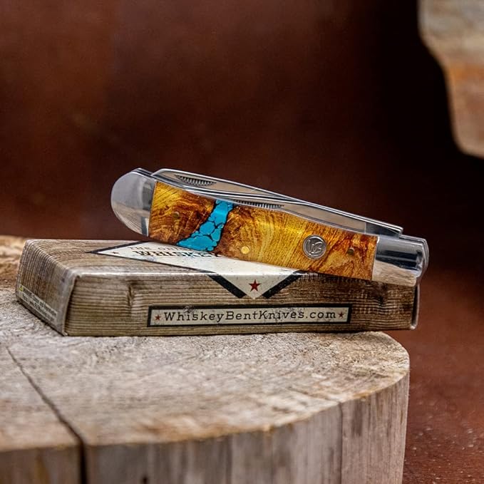 WHISKEY BENT HAT CO. Traditional Trapper Folding Pocket Knife 4.125 Closed Length 440C Stainless Steel Blades (Turquoise River)