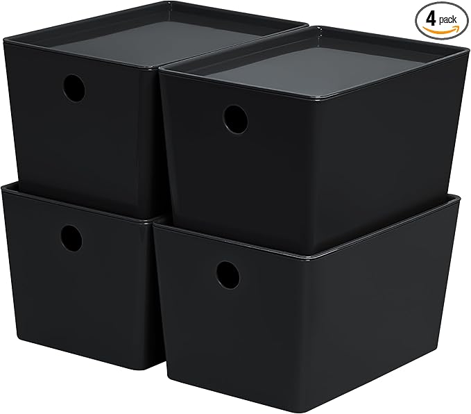 Soddeph 4 Pack Thick Plastic Storage Box with Lid Durable Stackable Storage Bins Hard Plastic Organizer Baskets for Home Office Small Storage Containers 10.1 x 7 x 5.8 (Black with Lid)