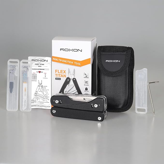 ROXON Flex Titan S805G Multi tool with full size scissors Modular Design and Customizable Tool (Replaceable knife and accessory) 16 tools for Outdoor &amp Camping