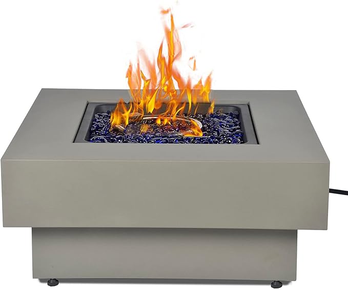 Propane Fire Pit Table 32.5-inch 50000 BTU Outdoor Gas Fire Table for Patio w/Lid Glass Rocks Cover Pre-Attached 10ft Propane Hose Flint Gray