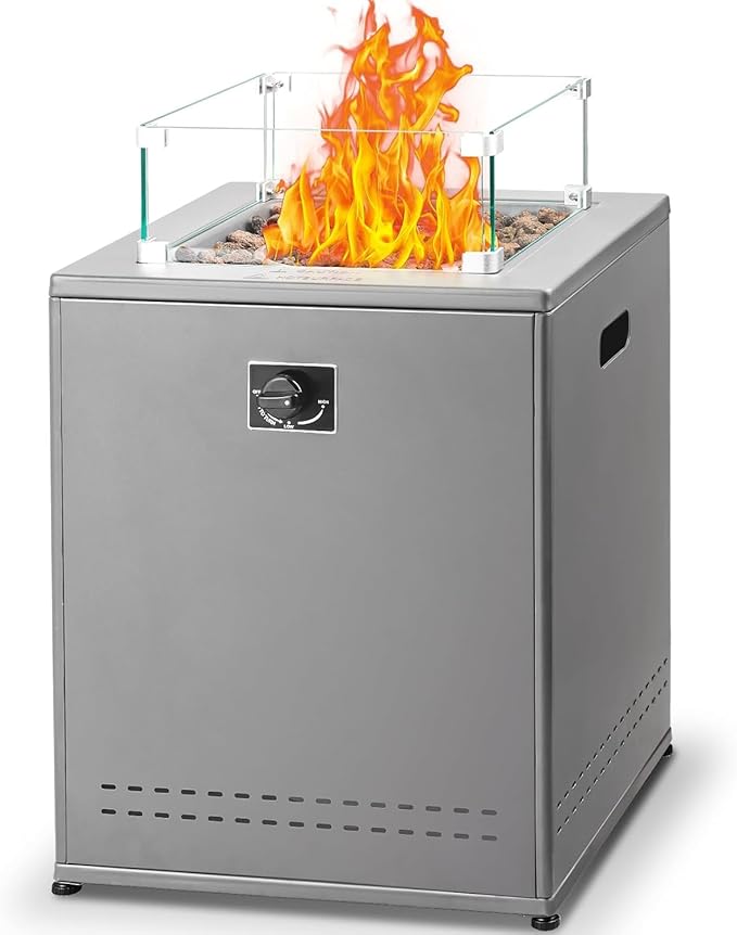20 Square Smokeless Propane Fire Pit Table 50000 BTU Portable Outdoor Patio Heater with Lava Rocks Glass Wind Guard &amp Cover for Deck Backyard Garden Camping (Black)
