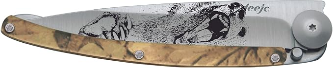 deejo - 37G Folding Pocket Knife with Belt Clip - Grizzly Design 3.7-Inch Stainless Steel Blade Brown Camo Handle - Lightweight Everyday Carry for Home Work and Outdoor Use