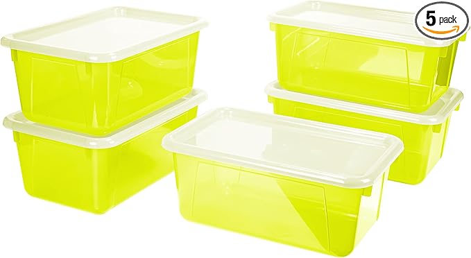 Storex Small Cubby Bins – Plastic Storage Containers for Classroom with Non-Snap Lid 12.2 x 7.8 x 5.1 inches Tint Yellow 5-Pack (62482A05C)