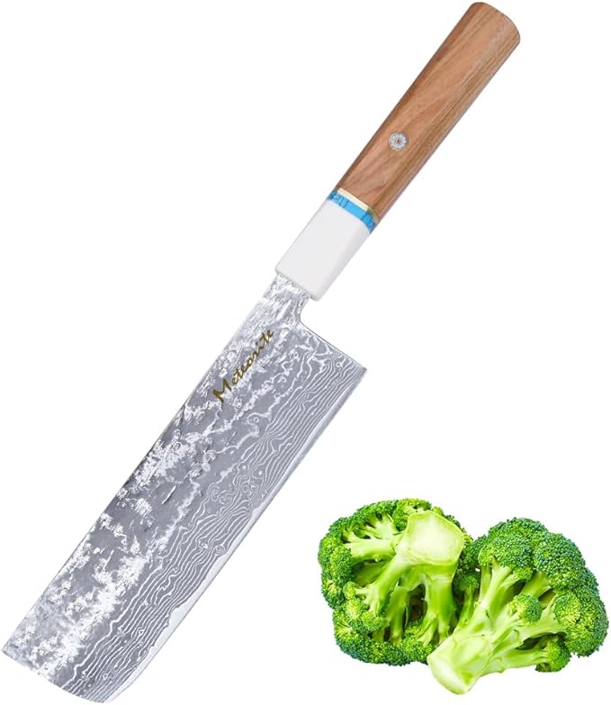 Meteorite Nakiri Japanese Vegetable Knife For Precision Veggie Prep Hand-Hammered Starry Damascus Convex Grind Edge Olive Wood Handle – Gourmet Gift IceRaven 7 Inch