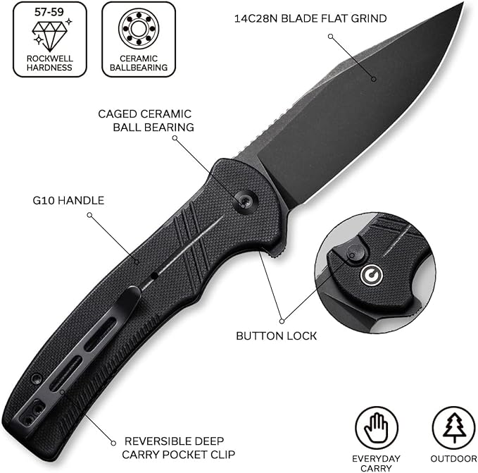 CIVIVI Cogent Flipper Pocket Knife 14C28N Blade G10 Handle Good for Outdoor EDC Camping C20038D-1 (Black)