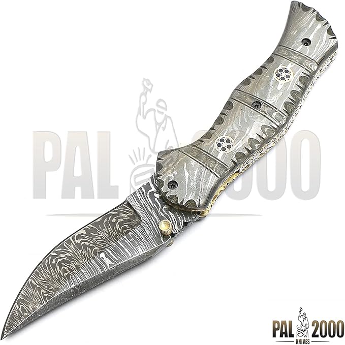 PAL 2000 KNIVES FPK-9020 Custom Handmade Damascus Steel 7.4 Inch Folding Pocket Knife Damascus Handle with Sheath