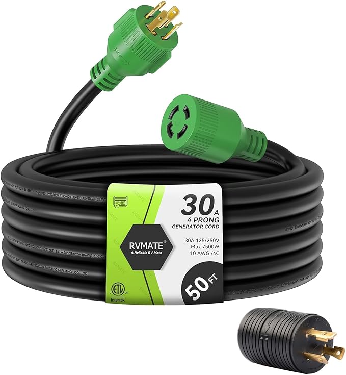 RVMATE 30 Amp Generator Cord 4 Prong 50 Feet NEMA L14-30P/L14-30R 125/250V Up to 7500W 10 Gauge SJTW Generator Extension Cord ETL Listed