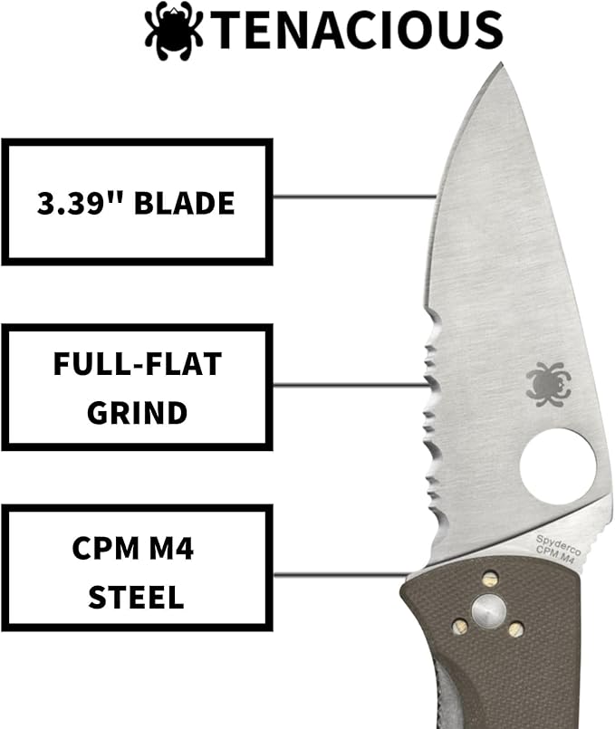 Spyderco Tenacious Folding Pocket Knife with 3.3 CPM M4 Steel Blade and G-10 Handle - EDC Knife for Men and Women Perfect for Hunting Tactical Camping Survival - CombinationEdge - C122GBNM4PS