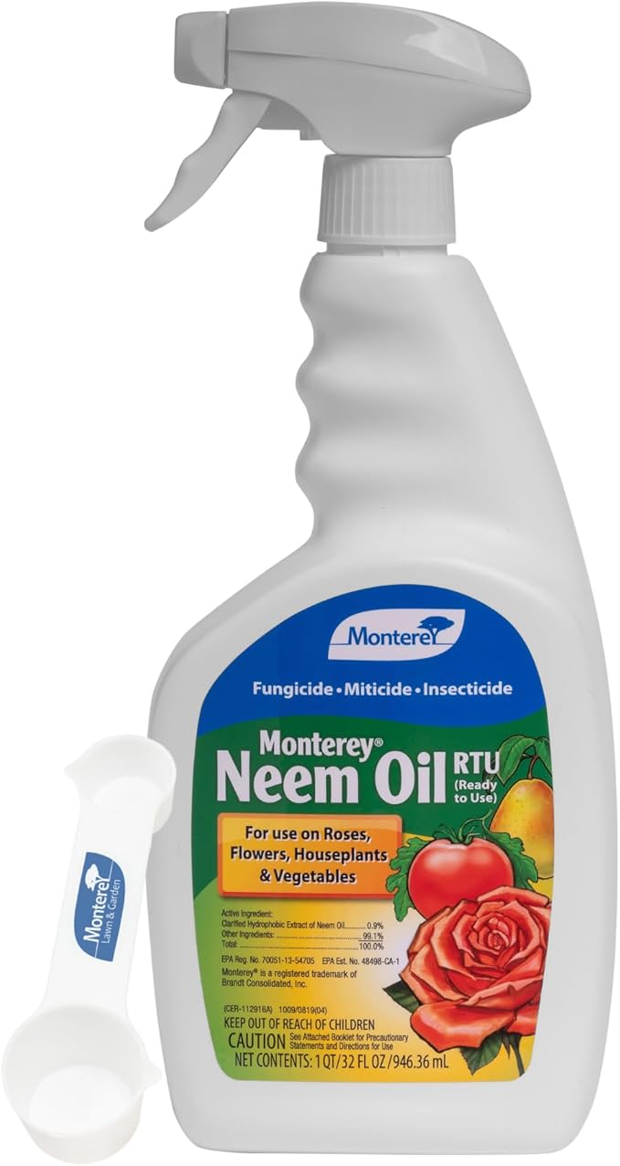 Monterey Neem Oil RTU – 32oz Fungicide/Insecticide/Miticide – Controls Black Spot Powdery Mildew Rust Spider Mites Aphids and More – Bunded with Garden Measure Spoon