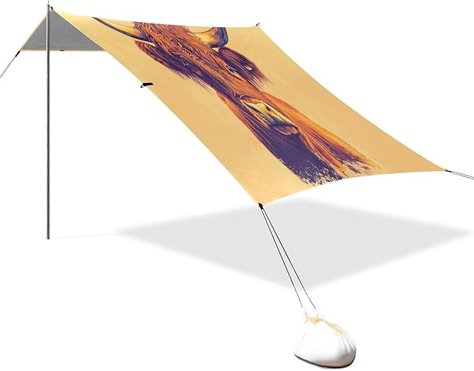 Highland Cow Orange Beach Tent Sun Shelter Set UPF50+ UV Protection 10.5 x 9.19 FT Camping Shade Canopy with Sandbags Sand Anchors Carrying Bag and Others