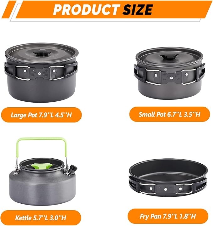 ROVSUN 34/10/6 pcs Camping Cookware Mess Kit Lightweight Non-Stick Camping Cooking Pot and Pan Set with Stainless Steel Camping Gear Kettle Cup for Open Fire Backpacking Outdoor Cooking
