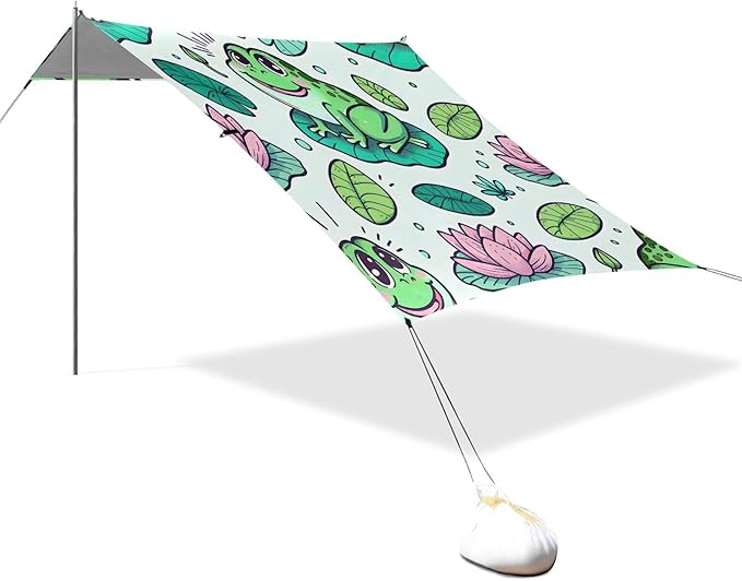 Fat Frogs in Pond Beach Tent Sun Shelter Set UPF50+ UV Protection 10.5 x 9.19 FT Camping Shade Canopy with Sandbags Sand Anchors Carrying Bag and Others