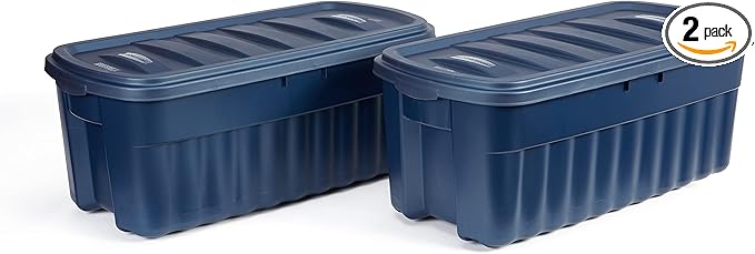Rubbermaid Roughneck Tote 50 Gal 2 Pack Made in USA Dark Indigo Metallic Rugged Plastic Stackable Storage Bins with Lids and Handles