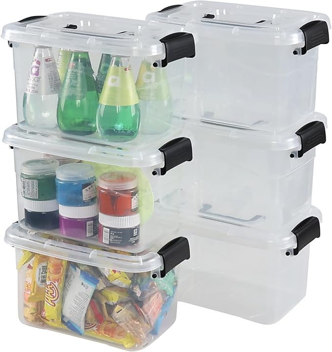 5.5 Quart Clear Small Plastic Storage Box Latch Storage Bin 6 Packs
