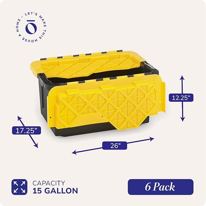 HOMZ 6-Pack Durabilt Tote Heavy Duty Plastic Storage Bins with Lids 15 Gallon Black/Yellow - Stackable Organizing Containers for Home Garage and Office
