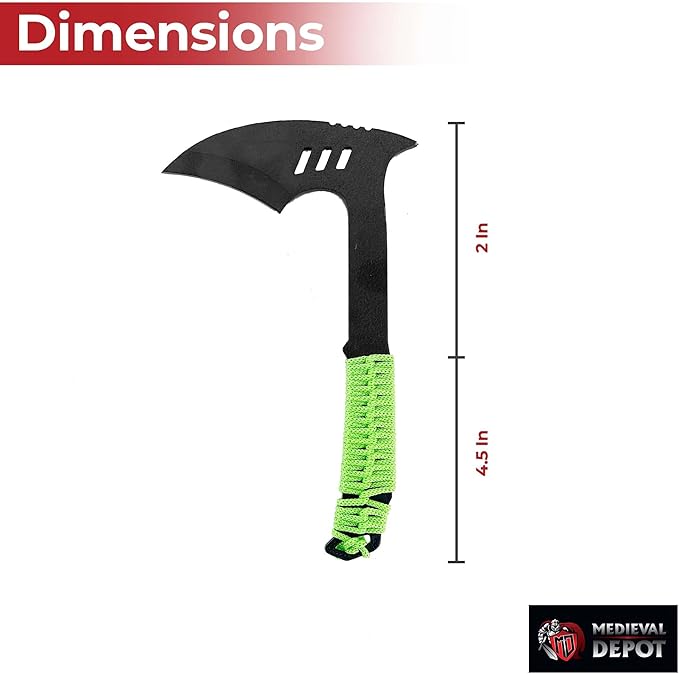 MedievalDepot Full Tang Throwing Pickaxe: Tactical Survival Tool Black &amp Green - Unmatched Durability Razor-Sharp Blade Comfortable Grip Axe