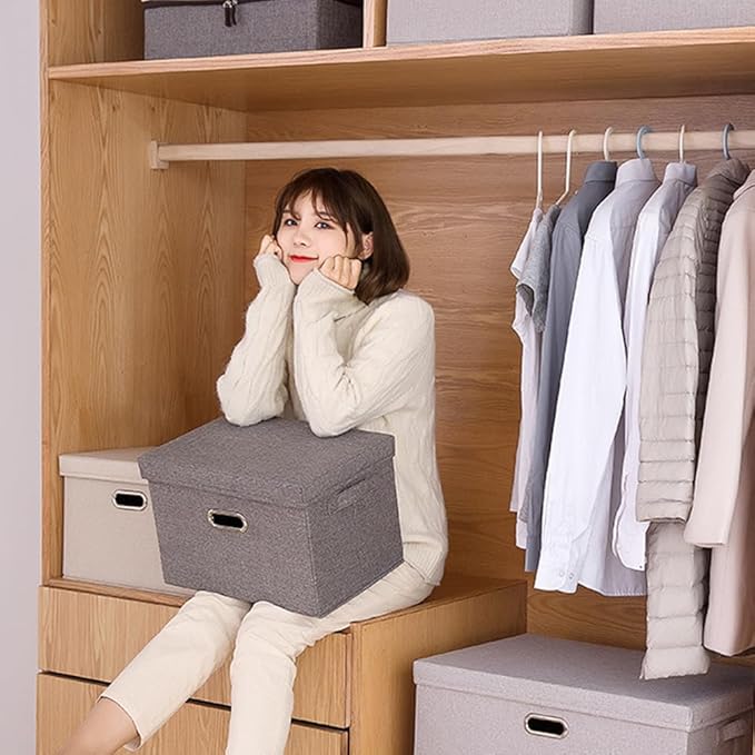 Large Collapsible Stackable Storage Bins with Lids 3 Packs – Beige Linen Fabric Closet Organizer Boxes Foldable Cube Baskets for Bedroom Office Clothes