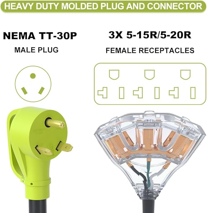 30 amp to 110 adapterNEMA TT-30P Male to 3X 5-20R T-Blade Household ConnectorsGenerator 30 amp to 20 amp adapter10 AWG STW (1FT)