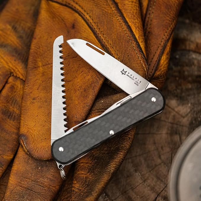 Fox Knives Vulpis FX-VP130-SF5 CF Slipjoint EDC Pocket Knife 5-in-1 Multitool - 2.17in Blade Hacksaw Bottle Opener Can Opener Scissors Flat Head Screwdriver - Every Day Carry (Carbon Fiber)