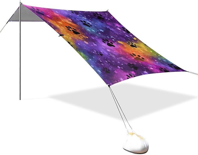 ALAZA Black Paw Prints Colorful Beach Tent Sun Shelter UPF50+ Protection Beach Shade Canopy w/ 4 Sandbags for Outdoor Camping Fishing Backyard Fun Picnic 10x9 ft