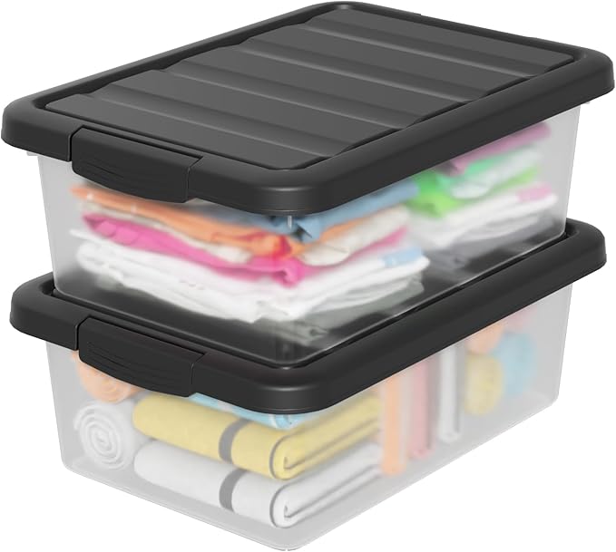 2-Pack Latching Boxes 14 Quart Clear Plastic Organization Containers for Closet Bedroom Shelving Units