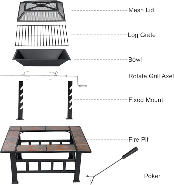 SINGLYFIRE 37 Inch Fire Pit Table with Grill for Outside Large Square Wood Burning firepit Heavy Duty Steel Bonfire Pit Cooking with Spark Screen Log Grate Poker for Backyard Garden Camping