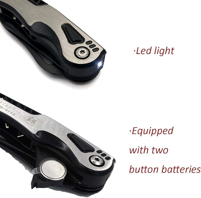 15-in-1 MultiTool Adjustable Crescent Wrench Knife LED Light Screwdriver Bits Hex Wrenches Camping Hiking Tool