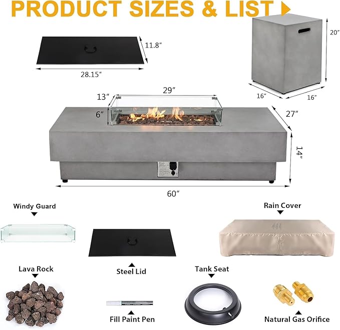 60Inch Fire Pit Table Propane with Tank Cover Windy Guard 50000 BTU Concrete Rectangle Firepit for Outside Patio with Metal Lid Lava Rocks Rain Cover Backyard Outdoor