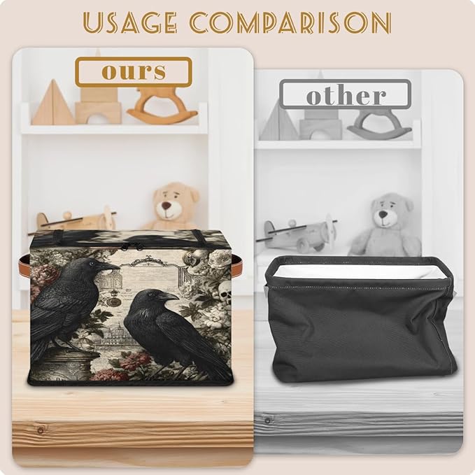Halloween Skull Storage Bins with Lids Raven Flower Collapsible Cube Storage Basket with Leather Handle Foldable Storage Box with Lids for Organizing Home Closet