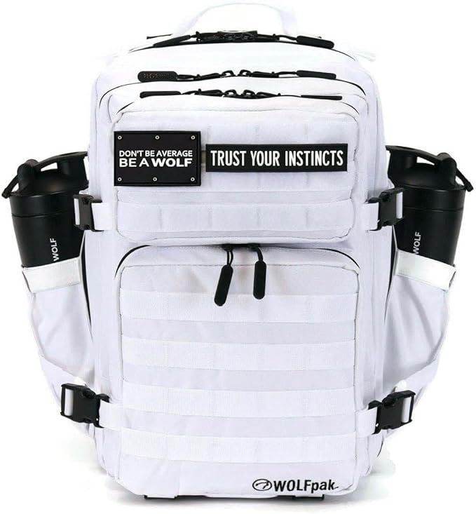 WOLFpak 35L Tactical Gym Backpack (Polar White) Durable 1000D Waterproof Oxford Material with MOLLE Webbing Laptop Pocket &amp Dual Cup Holders Durable Fitness/Travel/Military Daypack